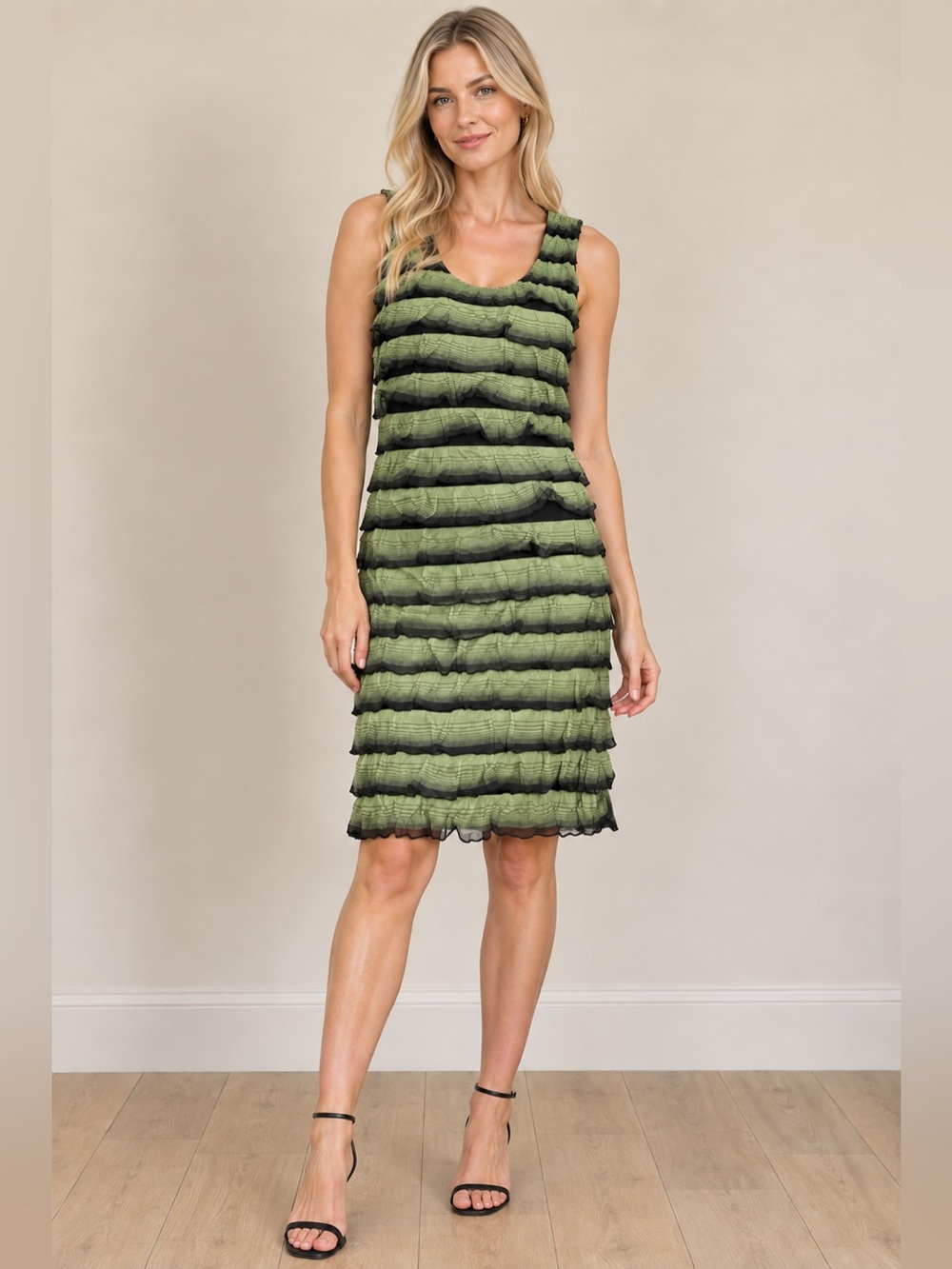 Max Studio Green and Black Ruffled Sleeveless Dress